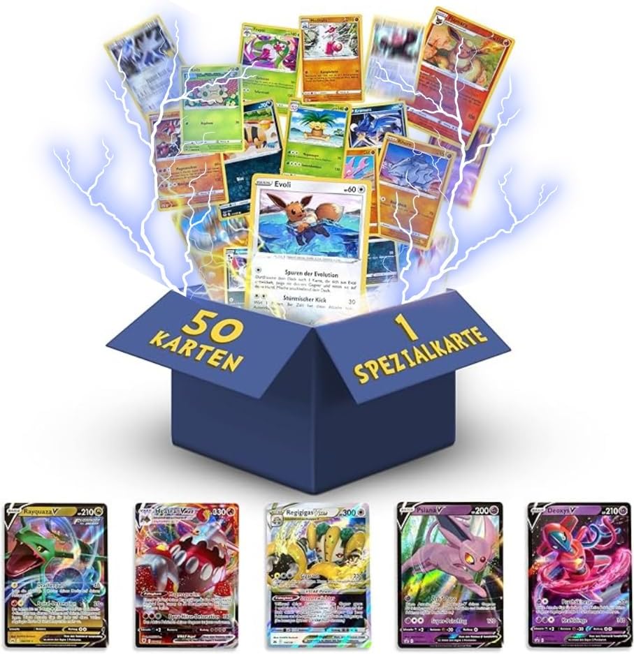 Pokemon Karten deutsch 50 Verschiedene Original Pokemon Karten + 1 V, VMAX, VSTAR oder Gx + 1 Selten + 3 Holo Rare 1 zufällige Pikachu, Glumanda, Bauz, Evoli aktuelle Sets + 1 Heartforcards® Toploader
